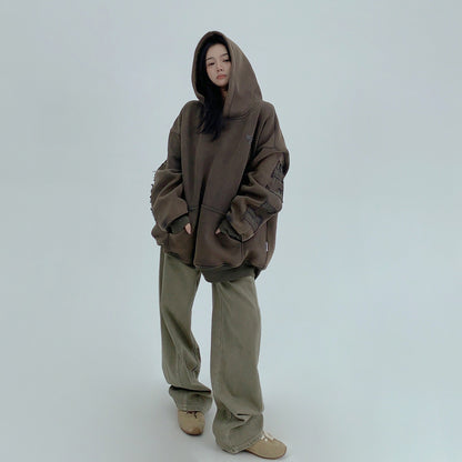 【トップス】🖤ヴィンテージ風パッチ刺繍 裏起毛 フーディ レディース 秋冬新作 パーカー【FCシリーズ】