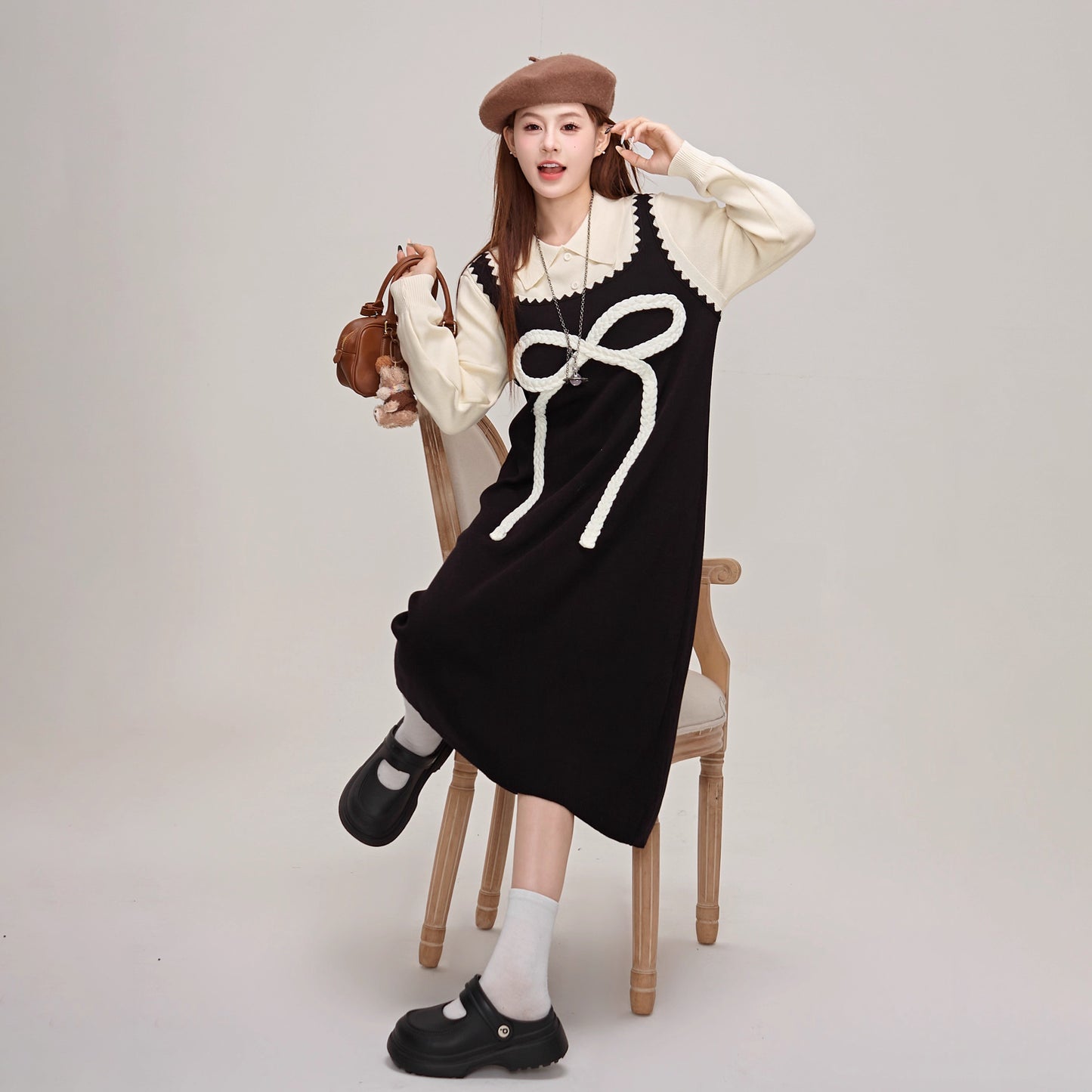 【ワンピース】蝶結びデザイン🎀 ツーピース風ニットワンピ 冬 レディース 上品＆高見え 長袖ワンピース【JZシリーズ】