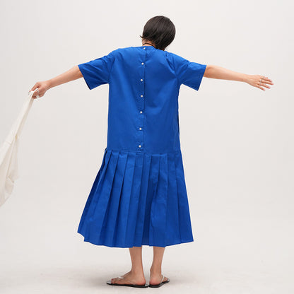 【ワンピース】クラインブルー  ラウンドネック 半袖ワンピース 夏用 薄手 大きいサイズ レトロロングドレス【JZシリーズ】