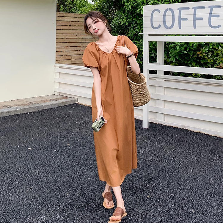 【ワンピース】フレンチ風半袖 ワンピース レディース Vネック 花びら袖 Aライン 夏  ゆったり 体型カバー【JZシリーズ】