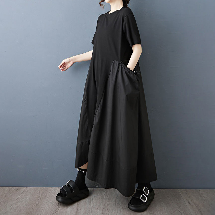 【ワンピース】夏新作 ゆったりカジュアル ドローストリング 中長丈 ニット 半袖ワンピース【AHシリーズ】