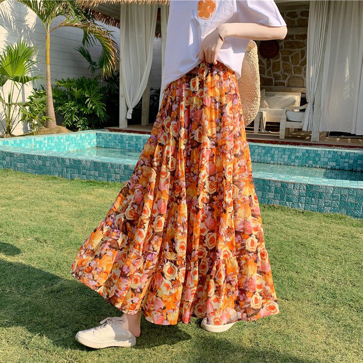 【ボトムス】花柄シフォンティアードスカート 夏 ハイウエスト Aライン  体型カバー リゾート・旅行におすすめ【SHシリーズ】