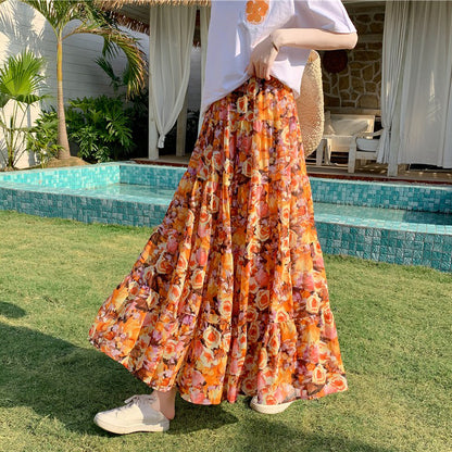 【ボトムス】花柄シフォンティアードスカート 夏 ハイウエスト Aライン  体型カバー リゾート・旅行におすすめ【SHシリーズ】