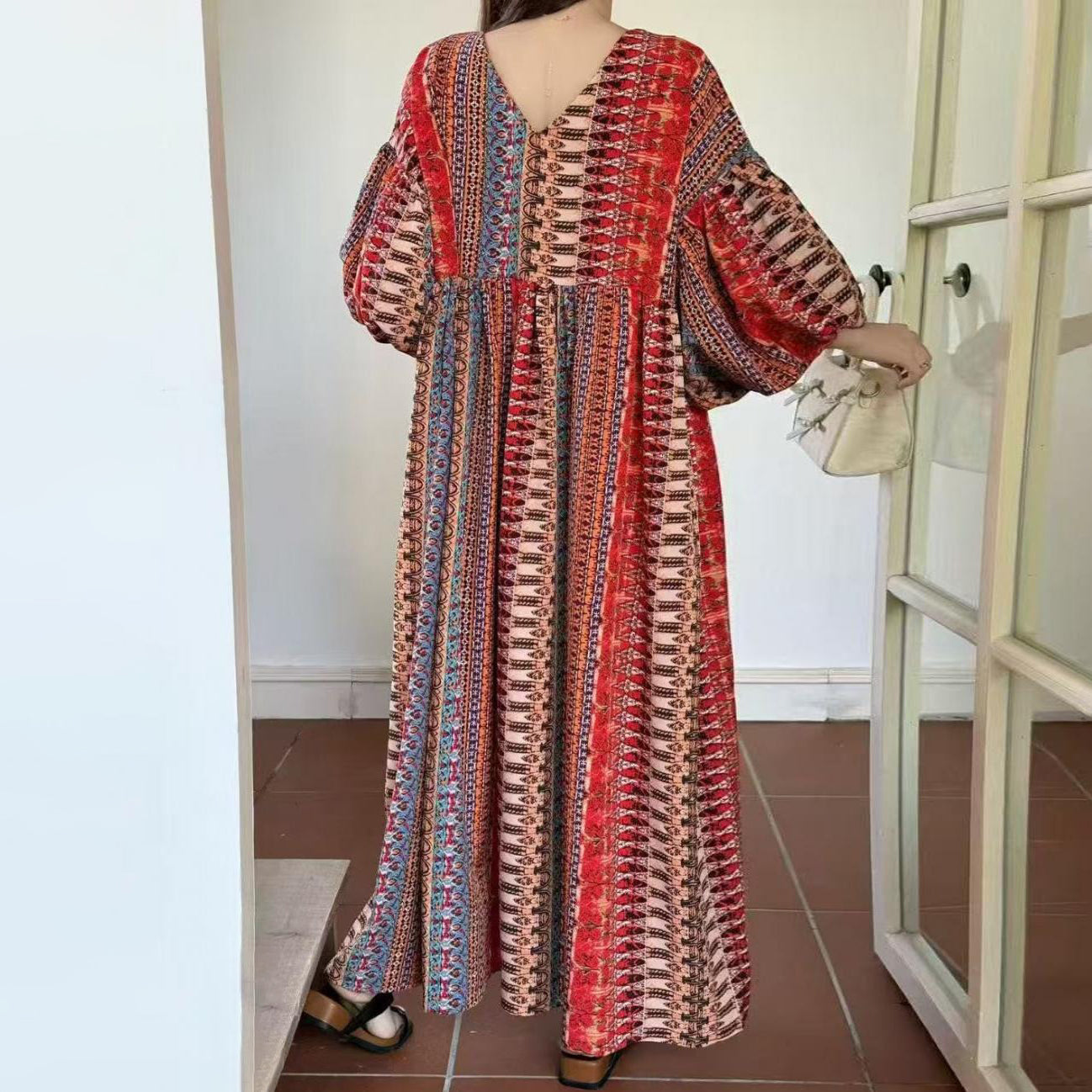 【ワンピース】ゆったり バルーンスリーブ エスニック風 半袖 ロングワンピース 大きいサイズ レディース【SHシリーズ】