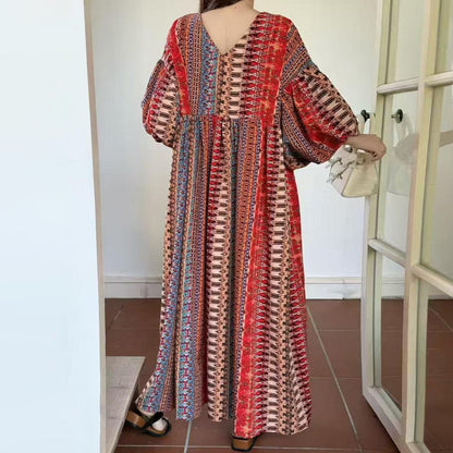 【ワンピース】ゆったり バルーンスリーブ エスニック風 半袖 ロングワンピース 大きいサイズ レディース【SHシリーズ】