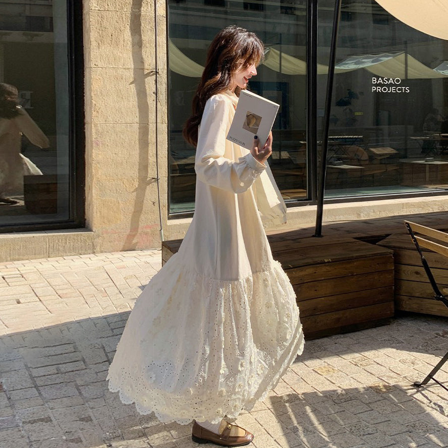 【ワンピース】フレンチエレガント レース切替 長袖ワンピース レディース デザイン性 優しげムード リボン付きロングドレス【JZシリーズ】