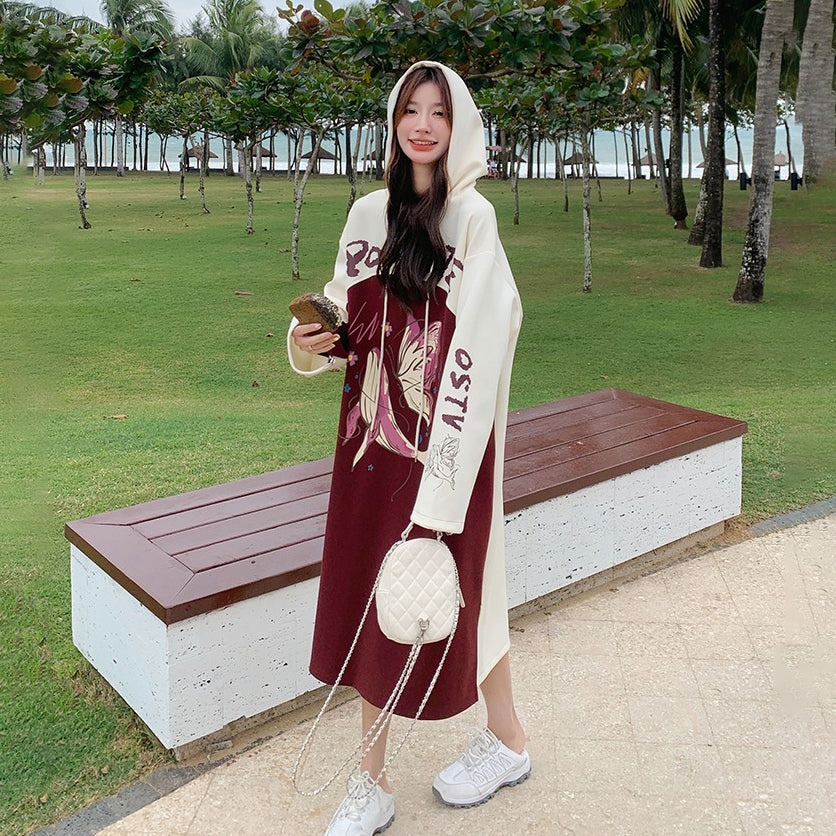 【ワンピース】韓国風カジュアル 配色 長袖スウェットワンピース レディース 春秋 人気 ゆったりフード付きロングワンピース【JZシリーズ】