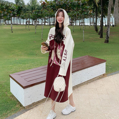 【ワンピース】韓国風カジュアル 配色 長袖スウェットワンピース レディース 春秋 人気 ゆったりフード付きロングワンピース【JZシリーズ】