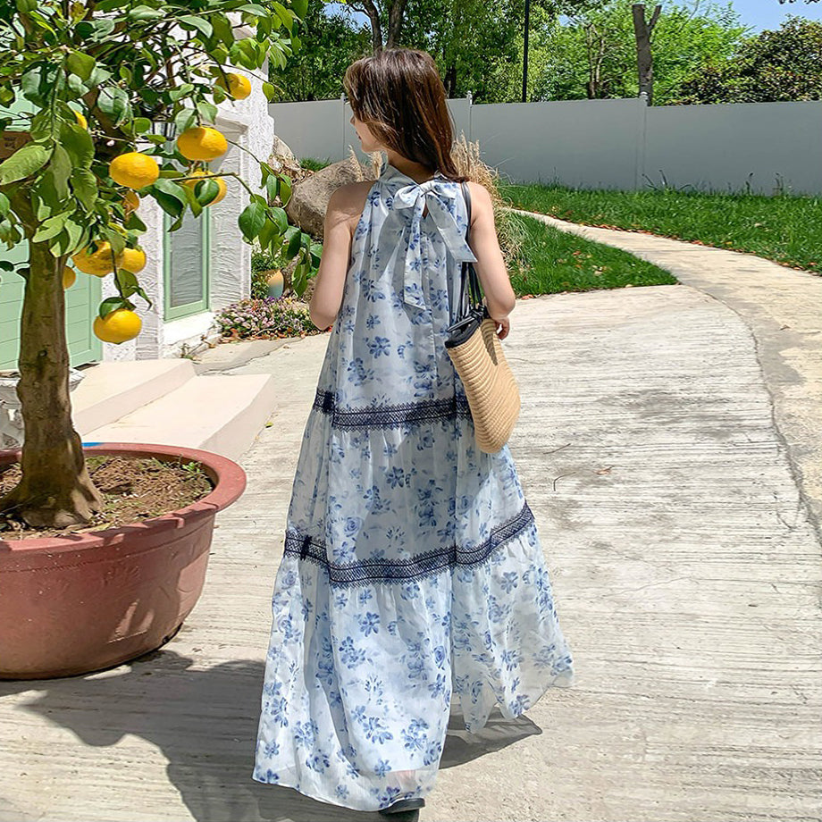 【ワンピース】ボヘミアン風 花柄シフォンワンピース レディース 夏新作 ホルターネック ノースリーブ ロング丈 マキシ丈 体型カバー リゾートワンピ【SHシリーズ】