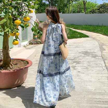 【ワンピース】ボヘミアン風 花柄シフォンワンピース レディース 夏新作 ホルターネック ノースリーブ ロング丈 マキシ丈 体型カバー リゾートワンピ【SHシリーズ】