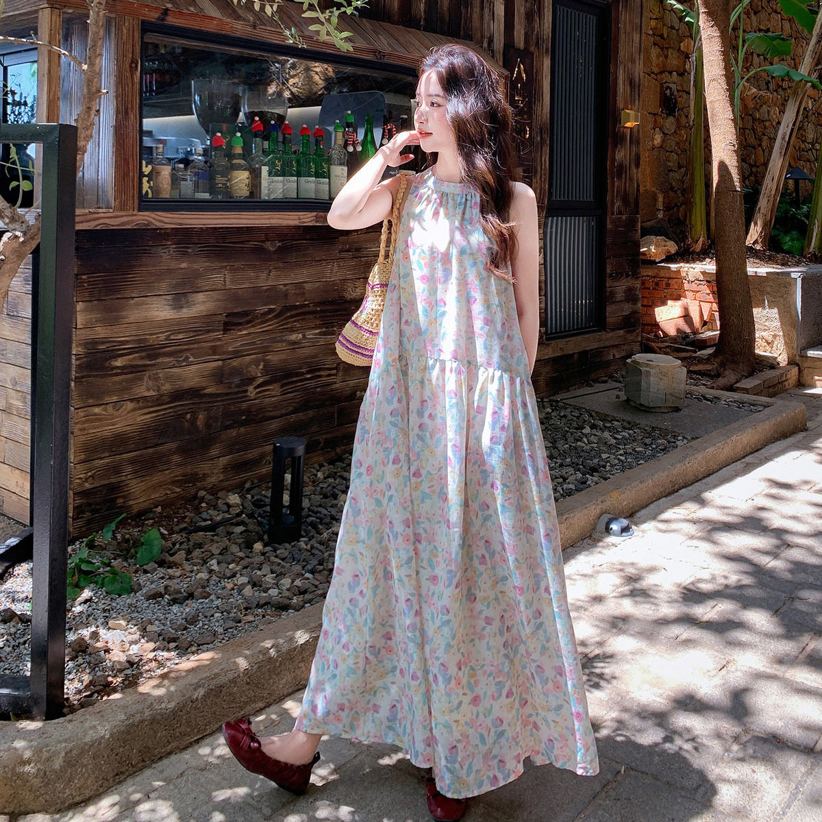 【ワンピース】キャミワンピース レディース フラワープリント ホルターネック リゾート風 ロング丈 夏新作【SHシリーズ】