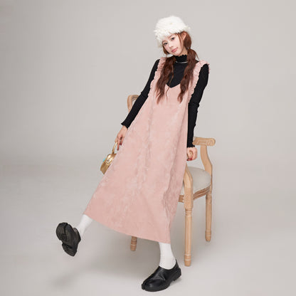 【ワンピース】秋冬 レディース 可愛い Vネックサロペットワンピ ピンク ゆったりノースリーブワンピース【JZシリーズ】