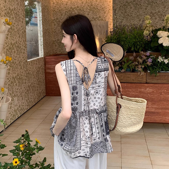 2点セット!【セットアップ】ボヘミアン柄セットアップ レディース 夏 ノースリーブシフォン＋ワイドパンツ 上下セット【SHシリーズ】