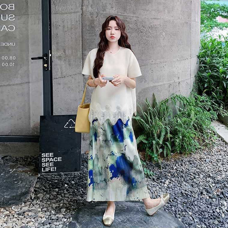 2点セット！【セットアップ】夏 体型カバー ゆったり トップス＋プリーツ スカート 上下セット【SHシリーズ】