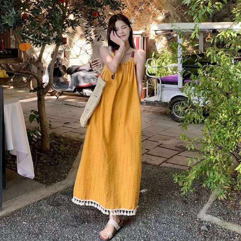 【ワンピース】ビーチリゾート風 エレガントなリラックス感 フリンジ付き ノースリーブワンピース