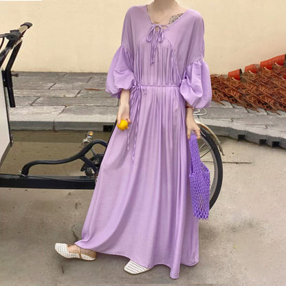 【ワンピース】全10色 韓国風 ゆったりバルーンスリーブ 大きいサイズ  長袖ワンピース