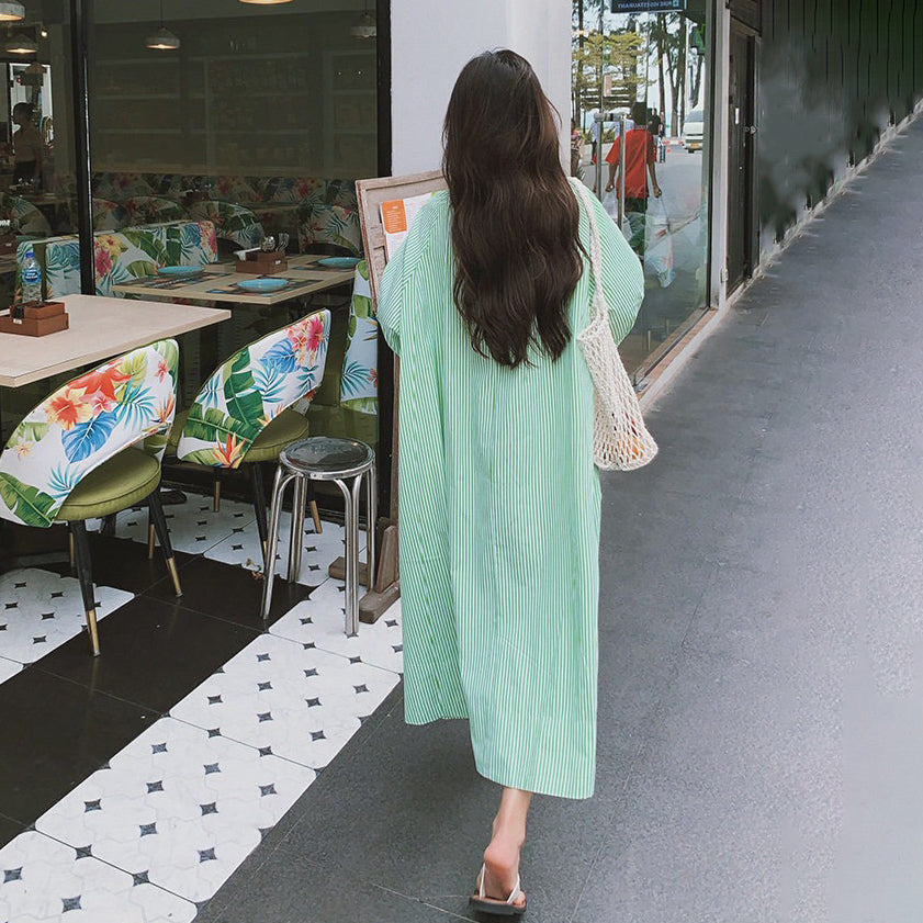 【ワンピース】ストライプワンピース レディース 夏 グリーン 長袖 ナチュラル レトロ ゆったり 体型カバー マタニティ対応 着痩せ【SHシリーズ】