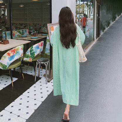 【ワンピース】ストライプワンピース レディース 夏 グリーン 長袖 ナチュラル レトロ ゆったり 体型カバー マタニティ対応 着痩せ【SHシリーズ】