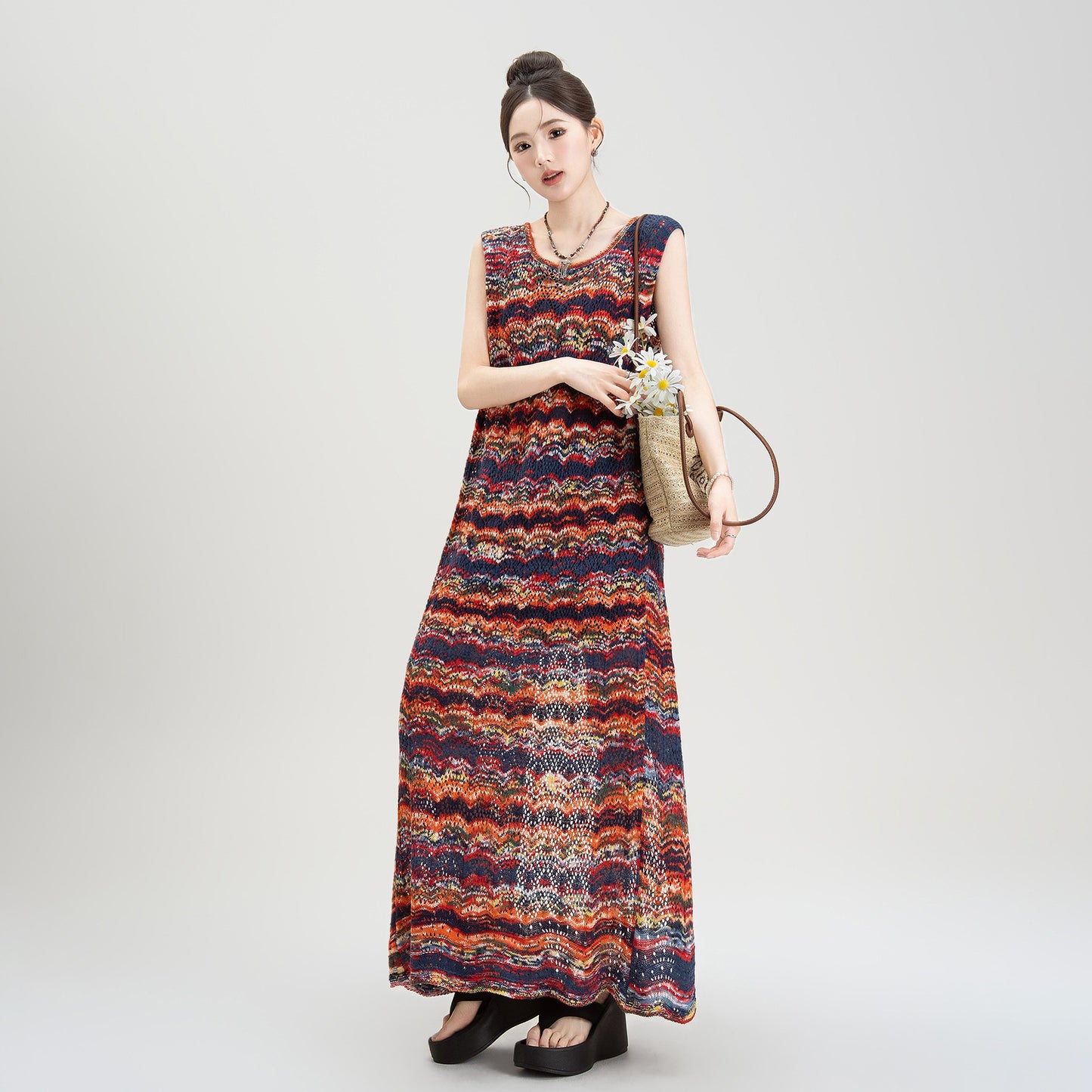 【ワンピース】夏新作 ストライプ柄 重ね着風 メッシュ切り替え バックスリット ゆったりノースリーブワンピース【SHシリーズ】