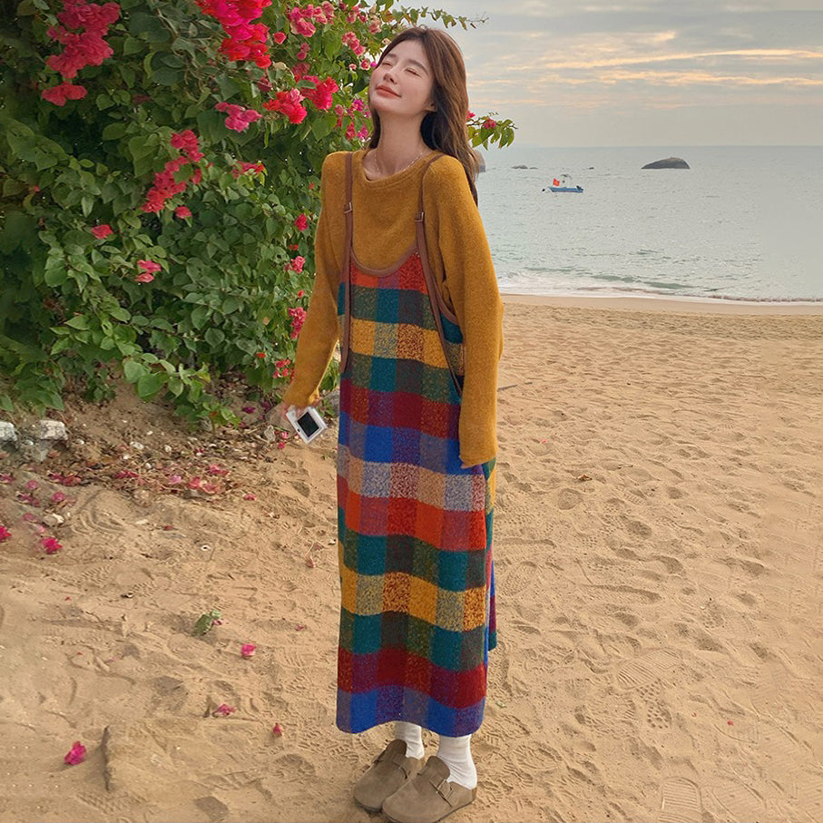 2点セット【セットアップ】韓国風 春秋 カラフルドーパミンチェック キャミワンピースセット レディース【SHシリーズ】【JZシリーズ】