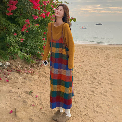 2点セット【セットアップ】韓国風 春秋 カラフルドーパミンチェック キャミワンピースセット レディース【SHシリーズ】【JZシリーズ】