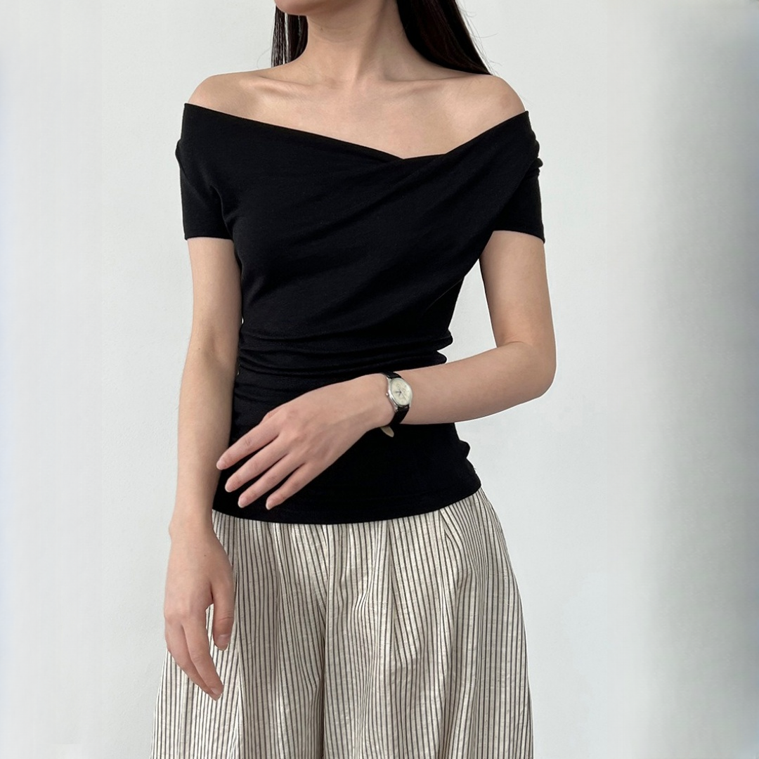 【トップス】夏 ドレープネック フレンチスタイル 半袖 Ｔシャツ【SNシリーズ】