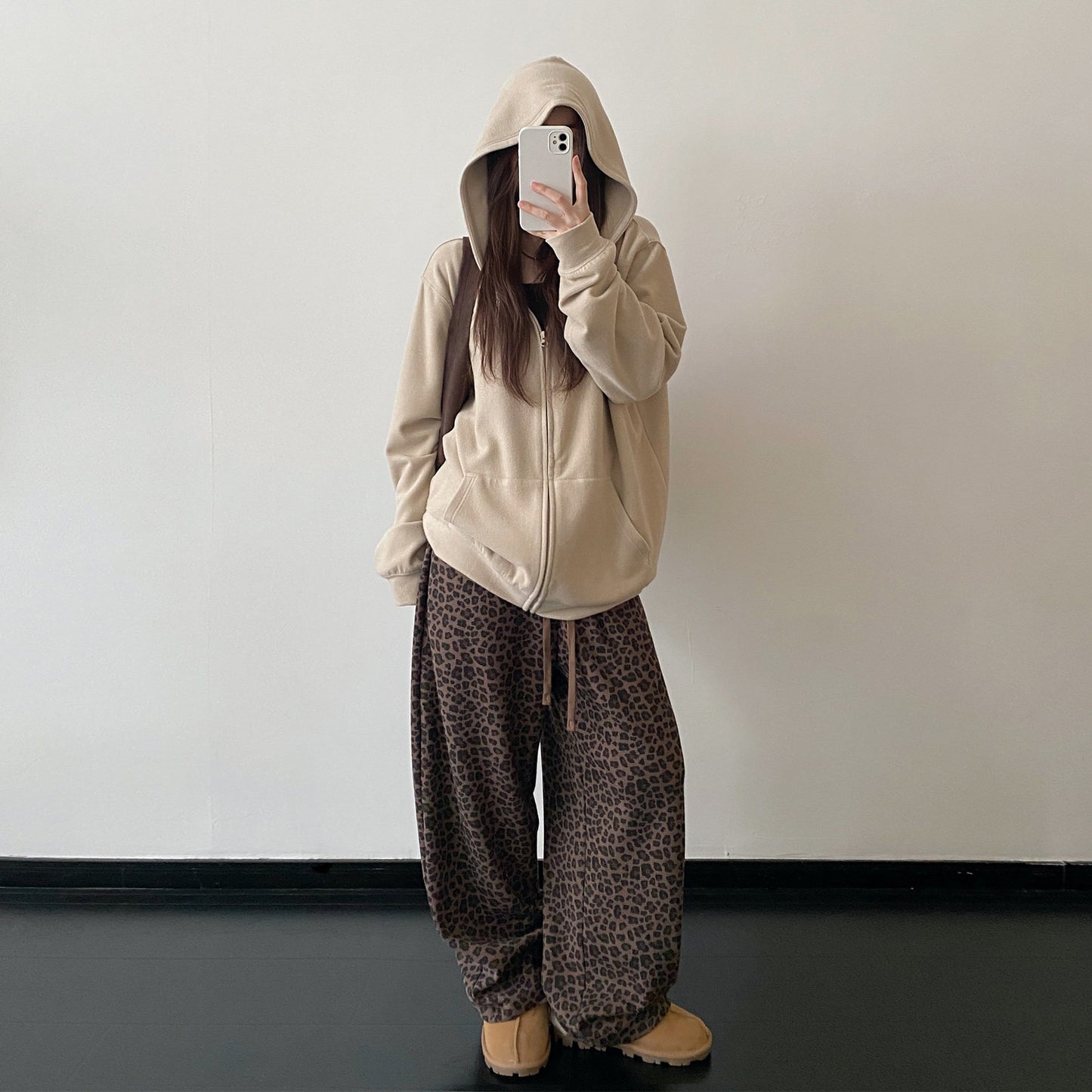 【ボトムス】アメリカンレトロ レオパード柄 ワッフルニット ワイドストレート イージーパンツ ウエストゴム レディース【FCシリーズ】