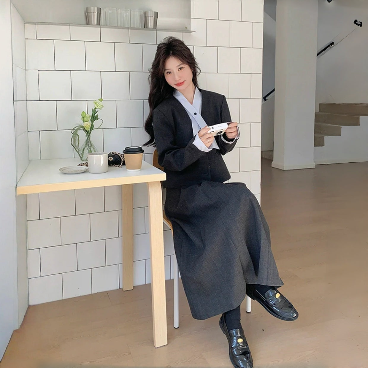 【セットアップ】大人可愛い 高級感 シャネル風 フェイクレイヤード 気質よい 2点セット【JZシリーズ】