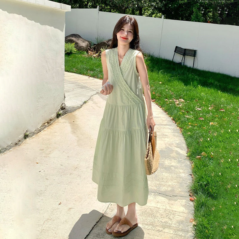 【ワンピース】ミントグリーン フリル プリーツ ノースリーブ ワンピース レディース 夏 甘め 若見え スタイル【JZシリーズ】