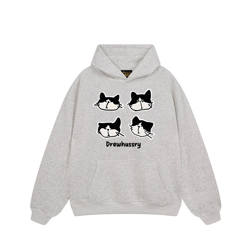 【トップス】🐱カートゥーン猫プリント裏起毛パーカー ユニセックス ペアルック 秋冬 カジュアル【FCシリーズ】