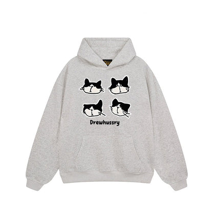 【トップス】🐱カートゥーン猫プリント裏起毛パーカー ユニセックス ペアルック 秋冬 カジュアル【FCシリーズ】