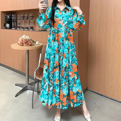 【ワンピース】🍁大きいサイズ レディース 春新作 長袖ワンピース 花柄 シャツワンピ 体型カバー ゆったり 着痩せ 効果あり【SHシリーズ】