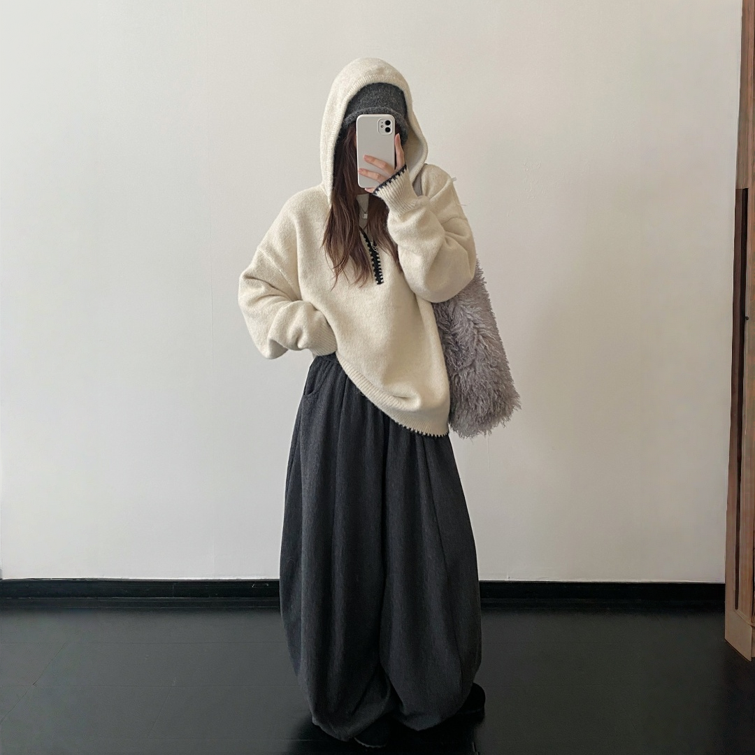 【トップス】ルーズ感 春 秋 冬 フード付き ニット セーター 【FCシリーズ】