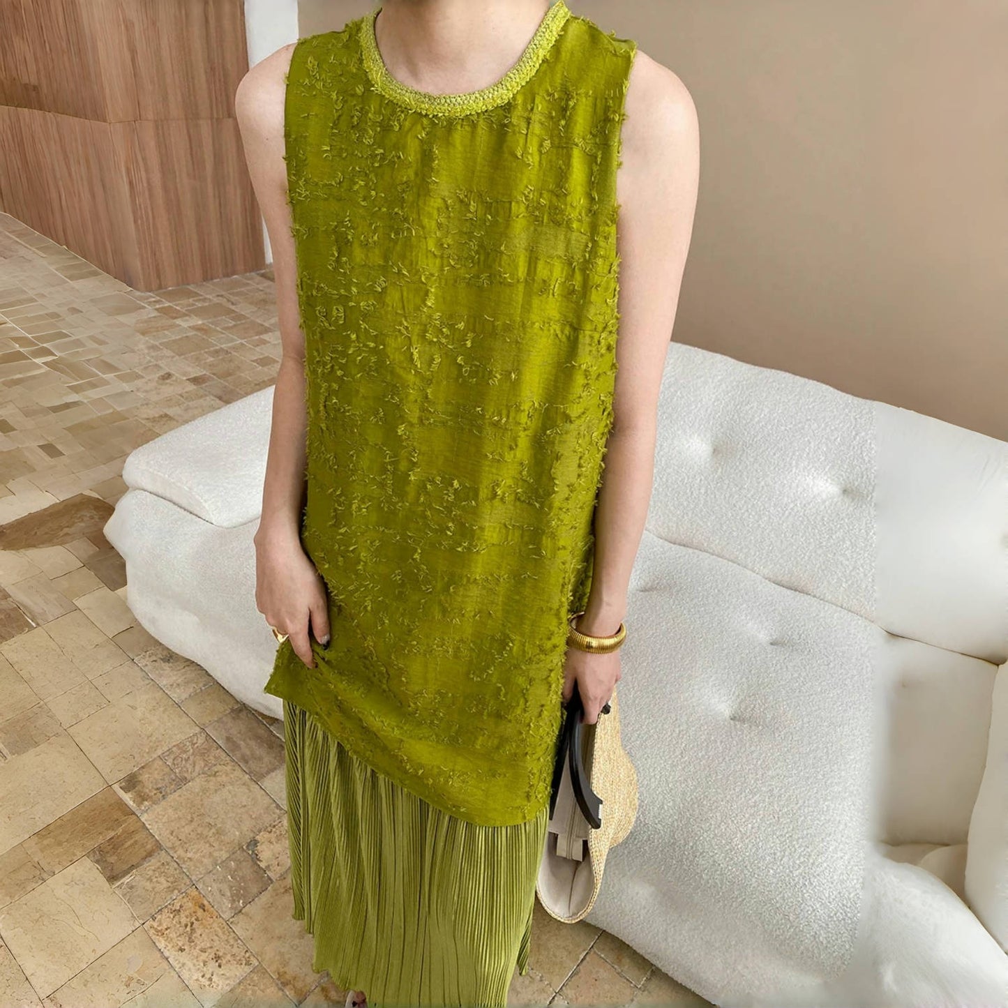 【ワンピース】夏 テンセル フェイクレイヤード ノースリーブ ワンピース【SNシリーズ】