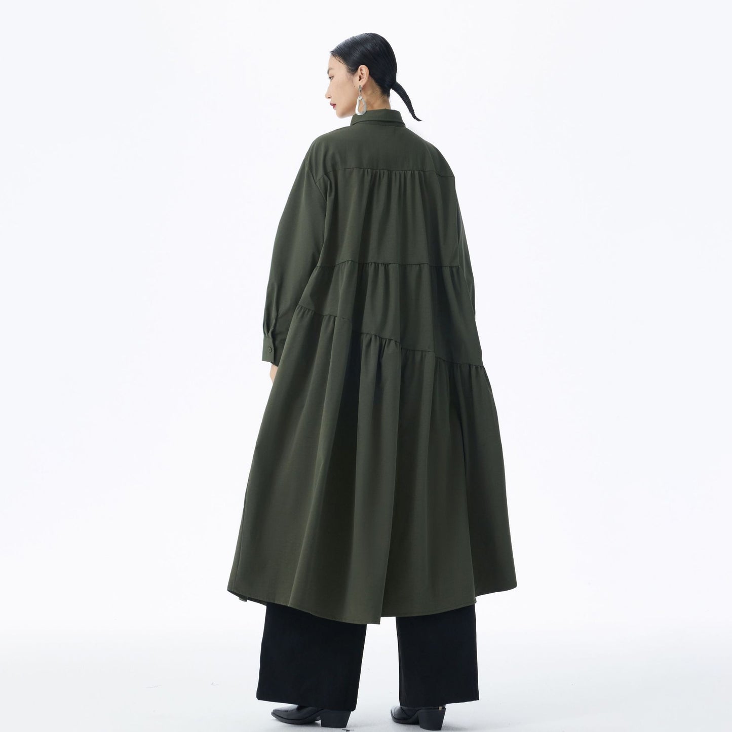 【ワンピース】フレンチ風 切替プリーツ  POLO襟 長袖ワンピース ゆるシルエット ロング【JZシリーズ】