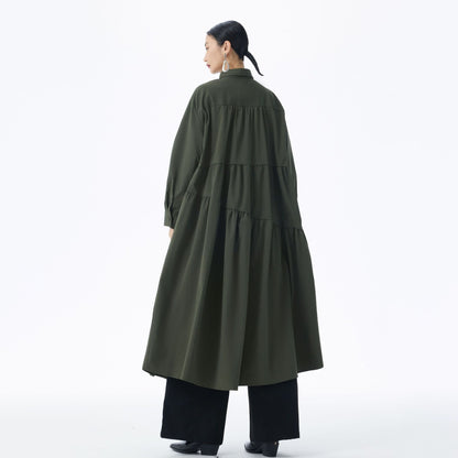 【ワンピース】フレンチ風 切替プリーツ  POLO襟 長袖ワンピース ゆるシルエット ロング【JZシリーズ】