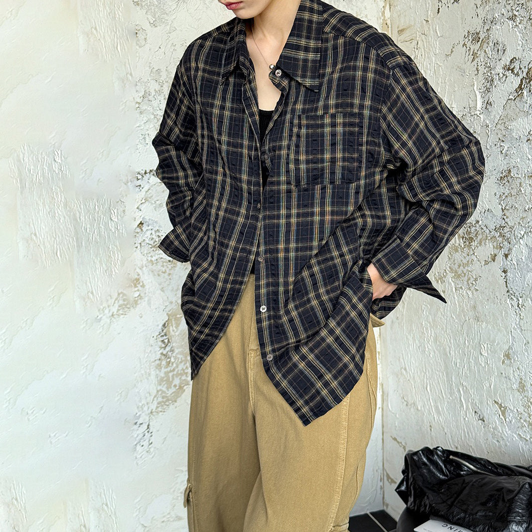 【トップス】韓国風ヴィンテージ チェック開襟シャツ ユニセックス ゆったり長袖シャツ【JZシリーズ】