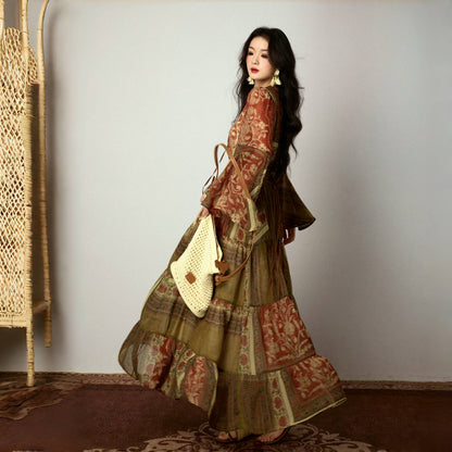 【ワンピース】春 秋 夏 ジプシーガール風 デザイン感 フレアシルエット 長袖 ワンピース 【SHシリーズ】