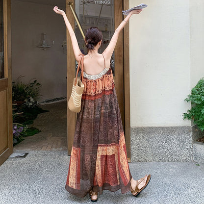 【ワンピース】フレンチ民族風 リゾート 色分けプリント ノースリーブキャミソールワンピース【SHシリーズ】