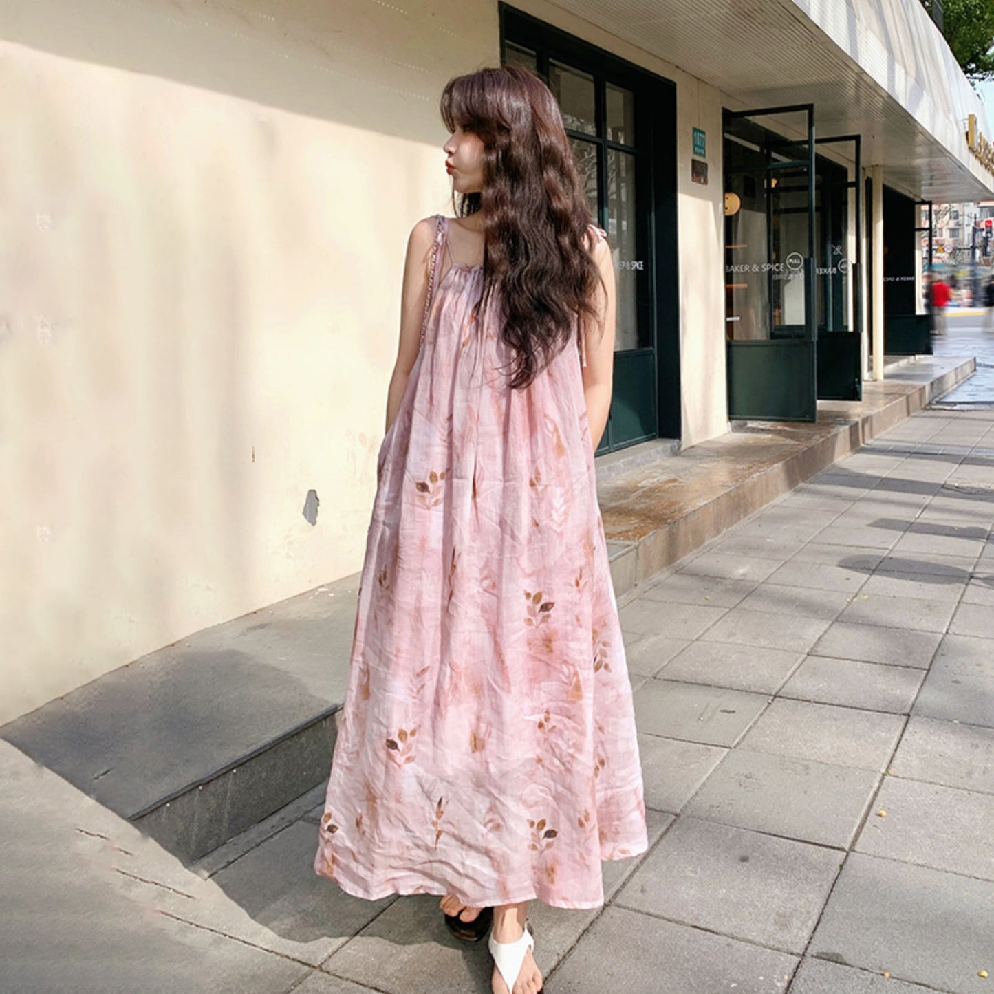 【ワンピース】夏 優しい風  水墨プリント ノースリーブワンピース【SHシリーズ】