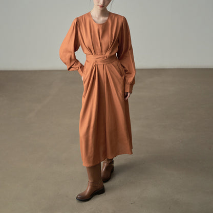 【ワンピース】フレンチレトロ風 オレンジリボン長袖ワンピース レディース ウエストシェイプ ロング丈【JZシリーズ】