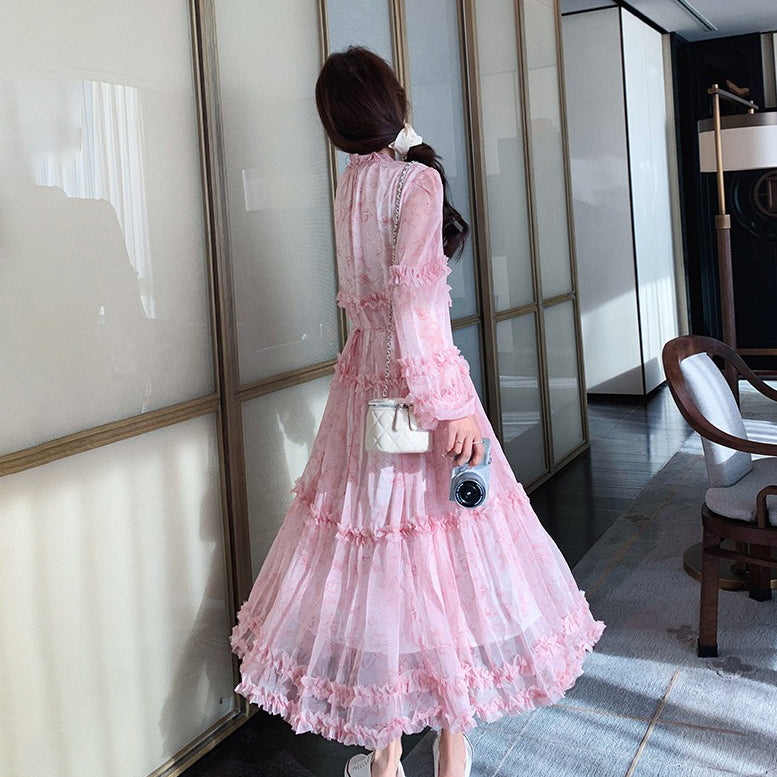 【ワンピース】透かし編み 水墨画風花柄長袖ワンピース レディース 春秋 トレンド 超可愛い【SHシリーズ】