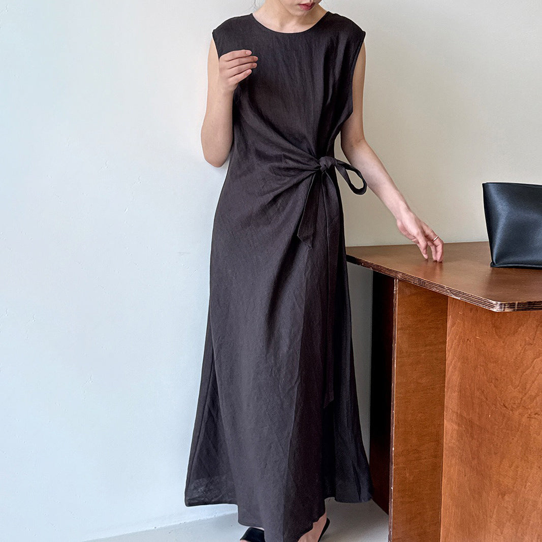 【ワンピース】100%ラミー フレンチエレガンス ノースリーブワンピース  夏 スリム効果【JZシリーズ】