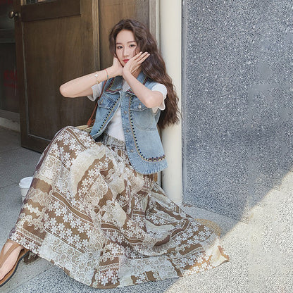 2点セット！【セットアップ】夏 ボヘミアン×塩系スタイル 刺繍デニムベスト ＋ プリントスカート 2点上下セットアップ【SHシリーズ】