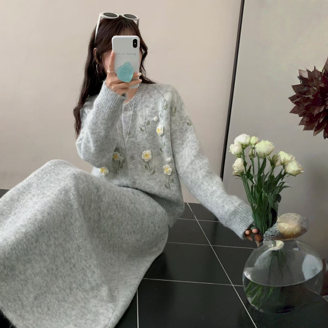 【セットアップ】春 秋 冬 立体刺繍フラワー +ハイウエスト ニットスカート 2点上下セット 【JZシリーズ】