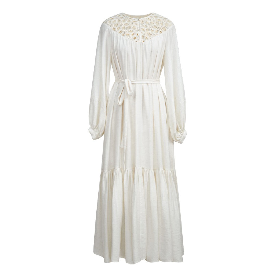 【ワンピース】フレンチ風 刺繍 レース 長袖ワンピース｜透かしデザイン リゾート感あふれるロングドレス【JZシリーズ】