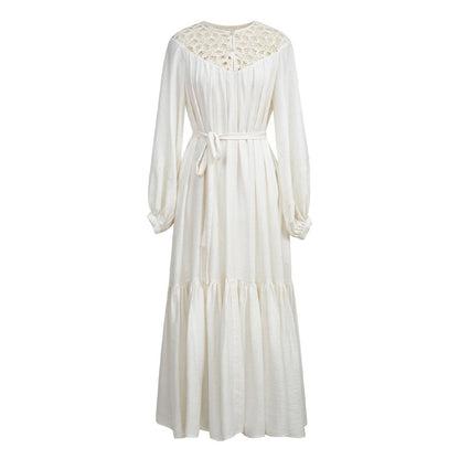 【ワンピース】フレンチ風 刺繍 レース 長袖ワンピース｜透かしデザイン リゾート感あふれるロングドレス【JZシリーズ】