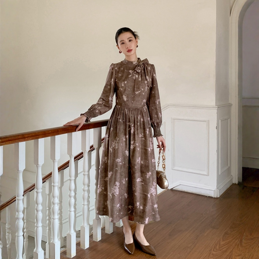 【ワンピース】リボン  ウエストシェイプ 通勤用 ロング丈 長袖 ワンピース 【SHシリーズ】