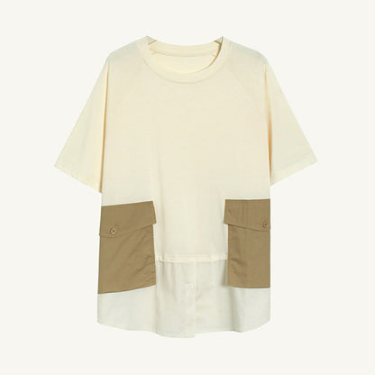 【トップス】立体ビッグポケット フェイクレイヤード 切替 半袖Tシャツ ゆったり オーバーサイズ【JZシリーズ】