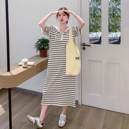 【ワンピース】透かし編みフード付きニットストライプ 半袖ワンピース レディース 夏 学院風 韓国風コーデ 【SHシリーズ】